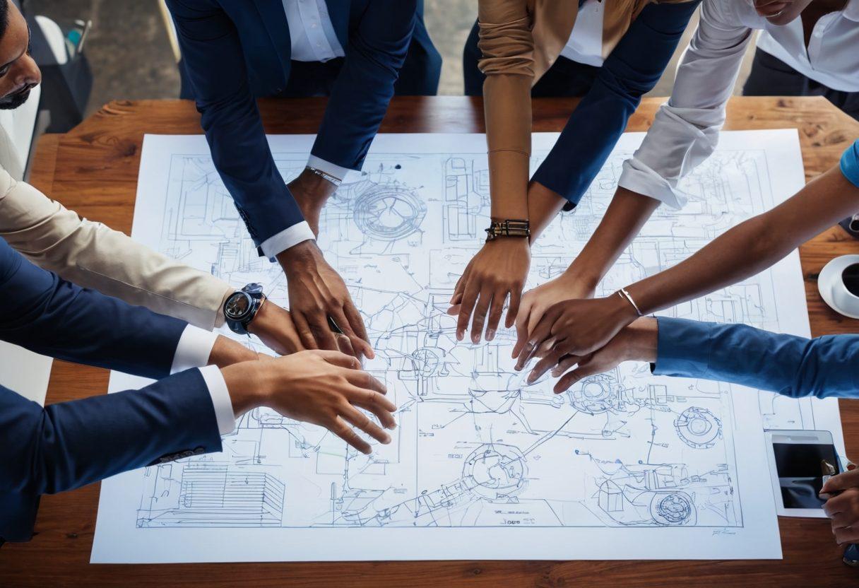 A dynamic scene depicting a diverse group of entrepreneurs in a modern office setting, brainstorming over a large table filled with blueprints and digital devices. Emphasize hands shaking to symbolize strategic alliances, with various flags in the background representing global partnerships. Incorporate visuals of intertwined gears representing synergy and growth. The environment should feel inspiring, filled with vibrant colors and ambient lighting. super-realistic. vibrant colors.