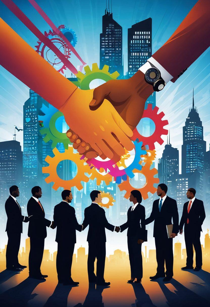 A dynamic illustration showcasing a diverse group of business professionals shaking hands, surrounded by interconnected gears symbolizing strategic alliances. The background features a city skyline representing growth, with bright upward arrows indicating success. Include elements like laptops and briefcases to signify business. super-realistic. vibrant colors. energetic composition.