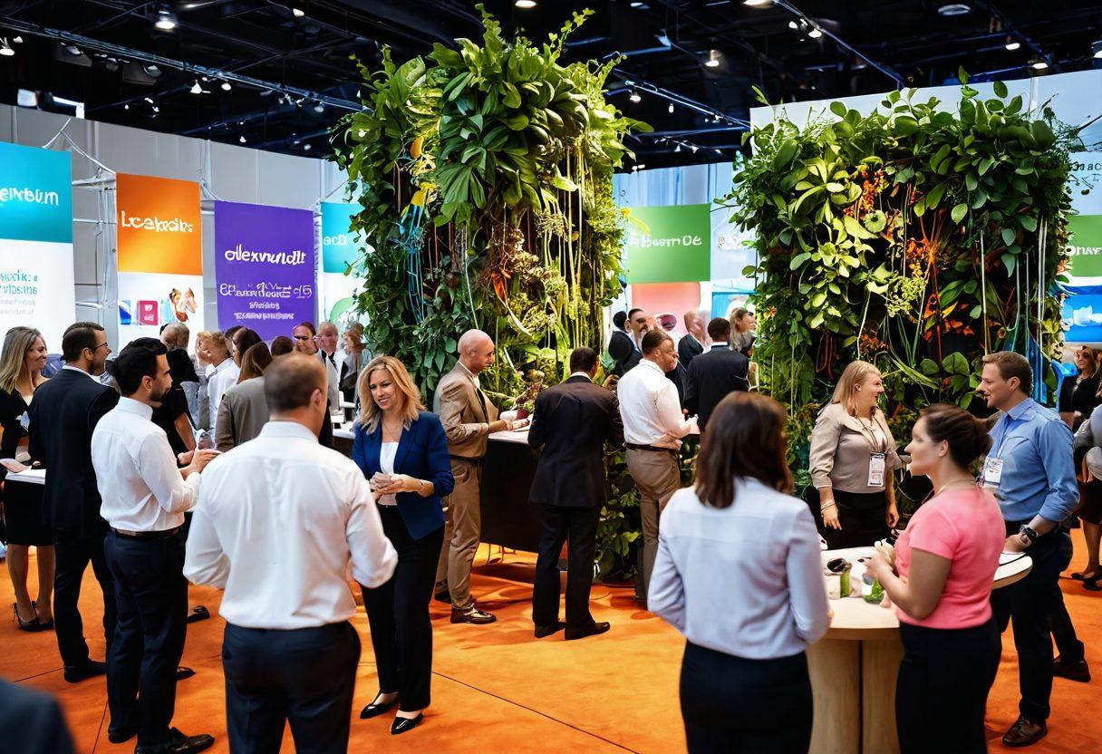 A bustling business networking event with diverse professionals exchanging ideas, colorful networking booths, and a dynamic atmosphere. Include visual metaphors of growth, such as plants sprouting from connected cables, symbolizing connections leading to opportunities. Bright, engaging tones to evoke a sense of energy and collaboration. super-realistic. vibrant colors. 3D.